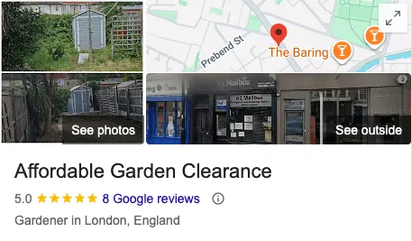 Google Business Profile ratings screenshot for a garden clearance company