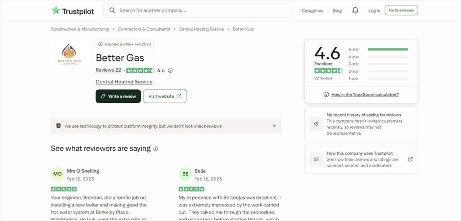 After: Better Gas Trustpilot profile showing a 4.6 average rating across 22 reviews