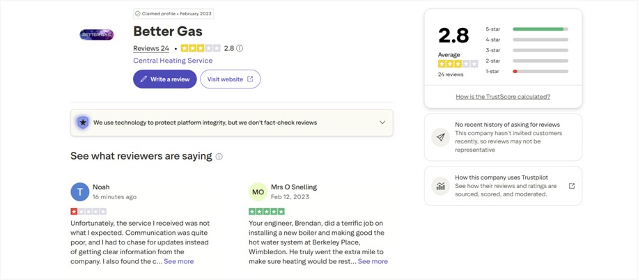 Before: Better Gas Trustpilot profile showing a 2.8 average rating across 24 reviews