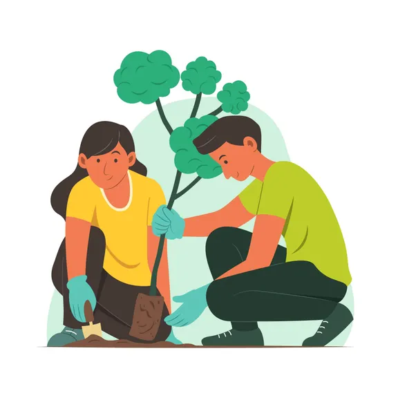 Animated image of two people planting a tree