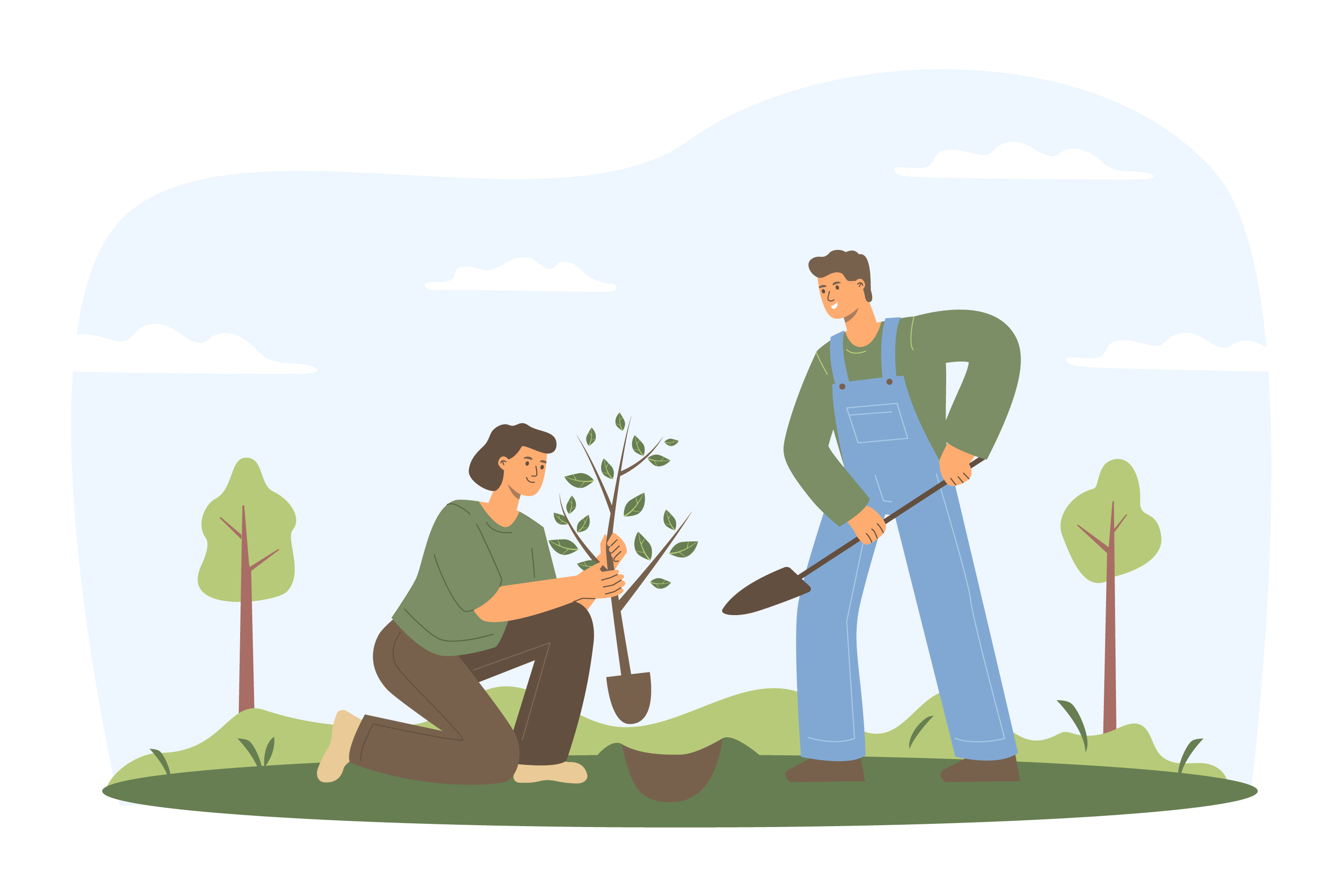 Two people planting a tree together
