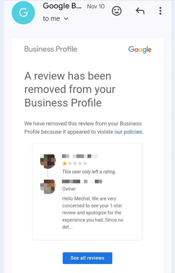 Screenshot of Google Business Profile support email confirming review removal 1